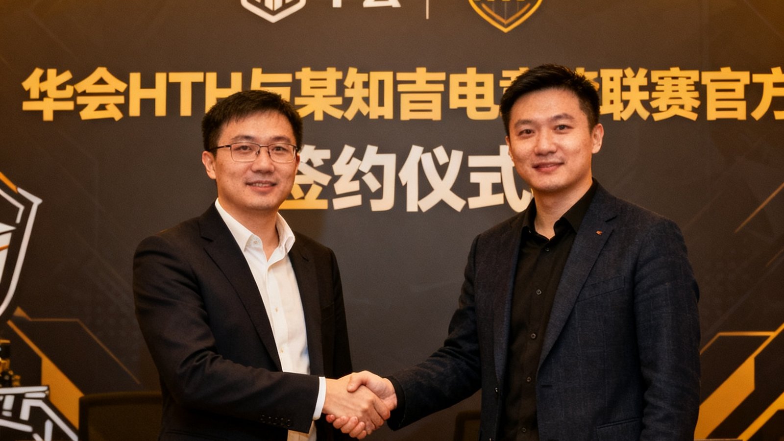 华体会HTH与某知名电竞联赛官方签约仪式现场，双方代表握手合影，背景为合作发布会的品牌标识墙