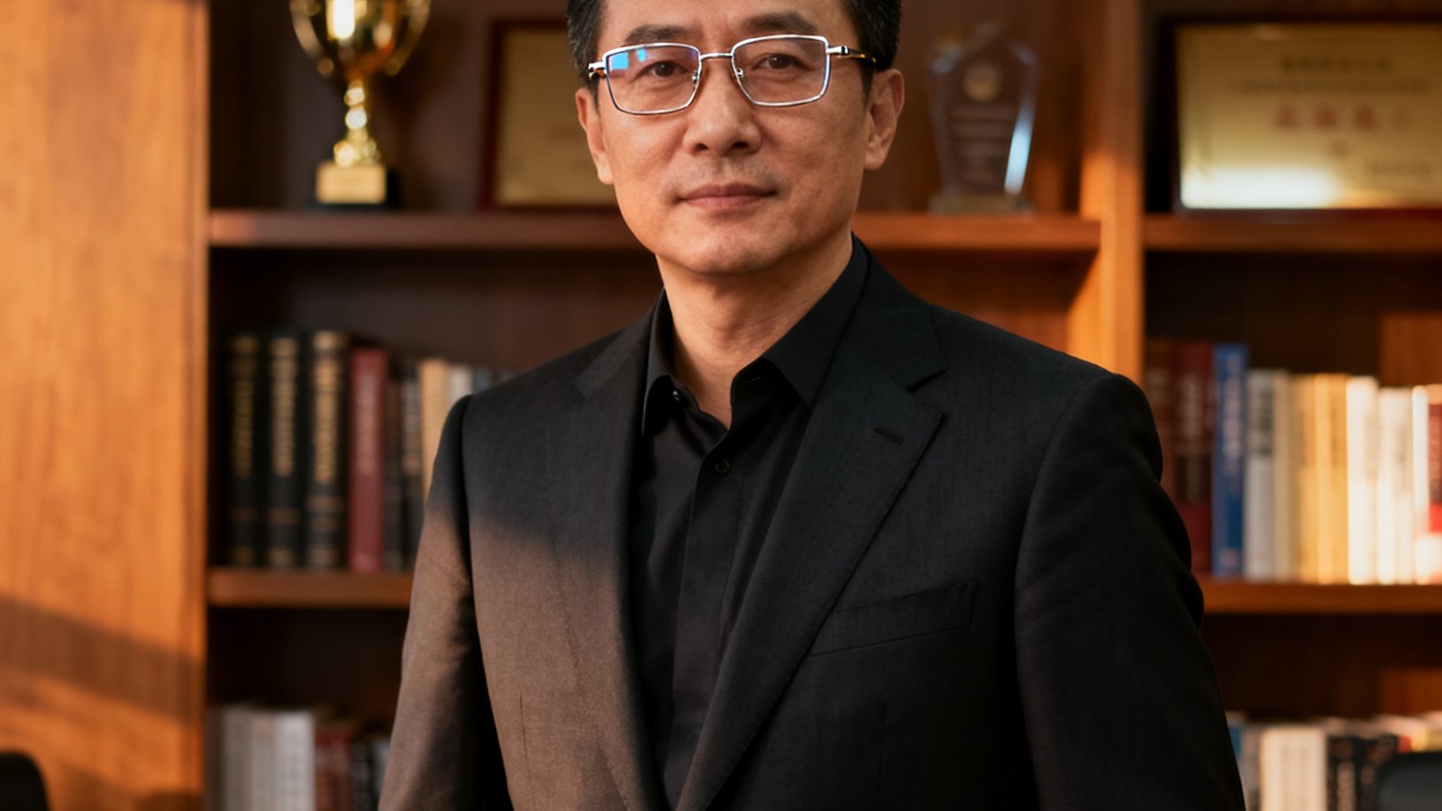 华体会HTH创始人兼CEO张明远，40岁男性，戴着眼镜，穿着深色西装，背景为办公室书架，神情专注而自信