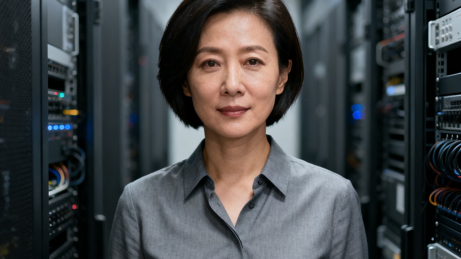 华体会HTH技术总监李思涵，35岁女性，短发干练，穿着灰色衬衫，背景为服务器机房，展现技术专业气质